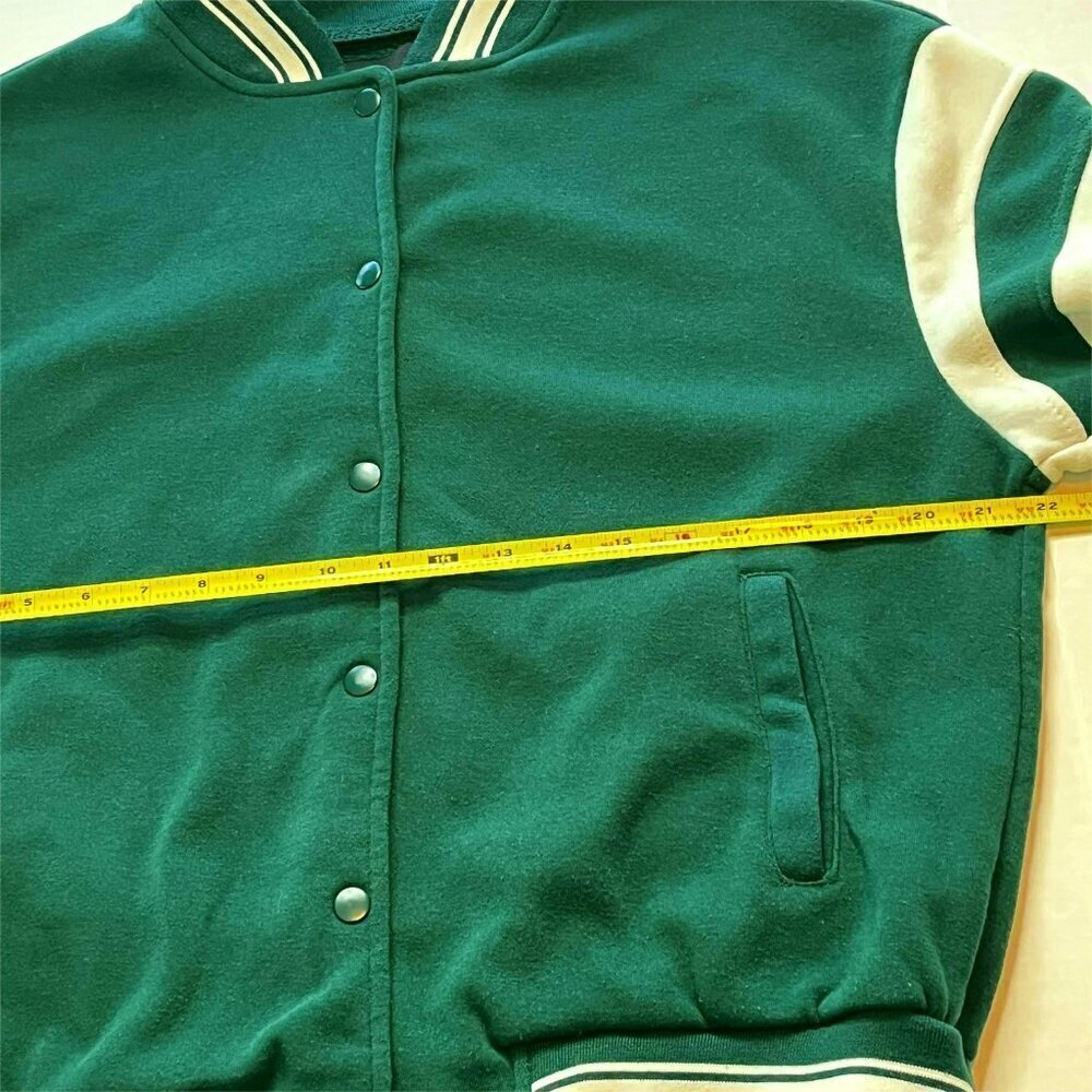 New Look Snap Up Varsity Jacket Womens sz M Pockets Green White Preppy Academia - Picture 7 of 8